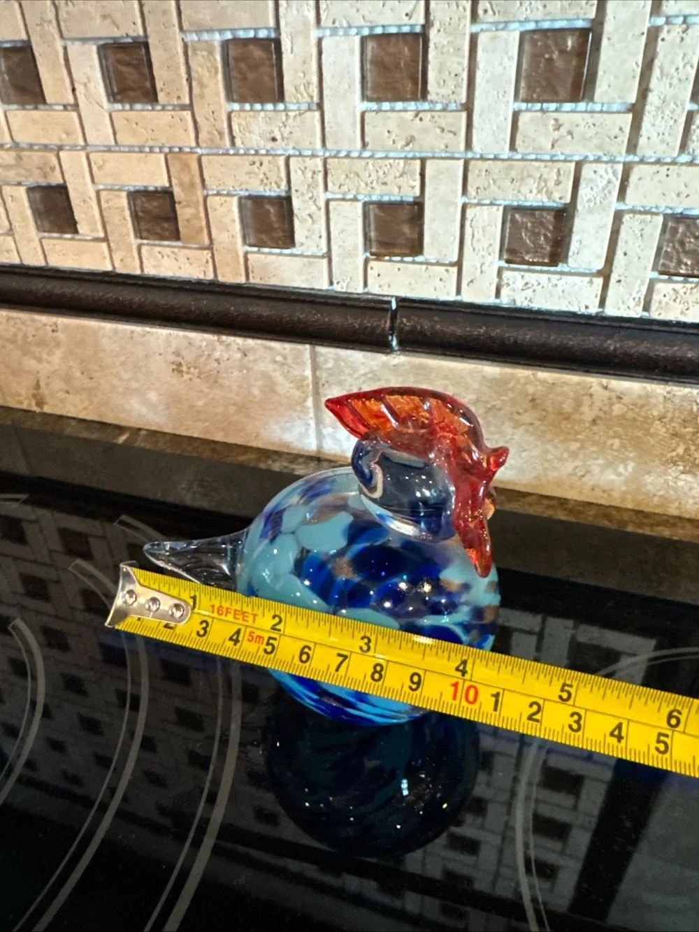 HQT Hand Made Art Glass Beautiful Blues and Gold Chicken / Rooster, 4 1/2